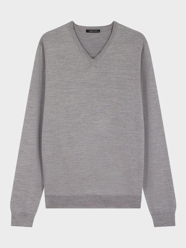 Pull col V en laine Mérinos mélangée grise