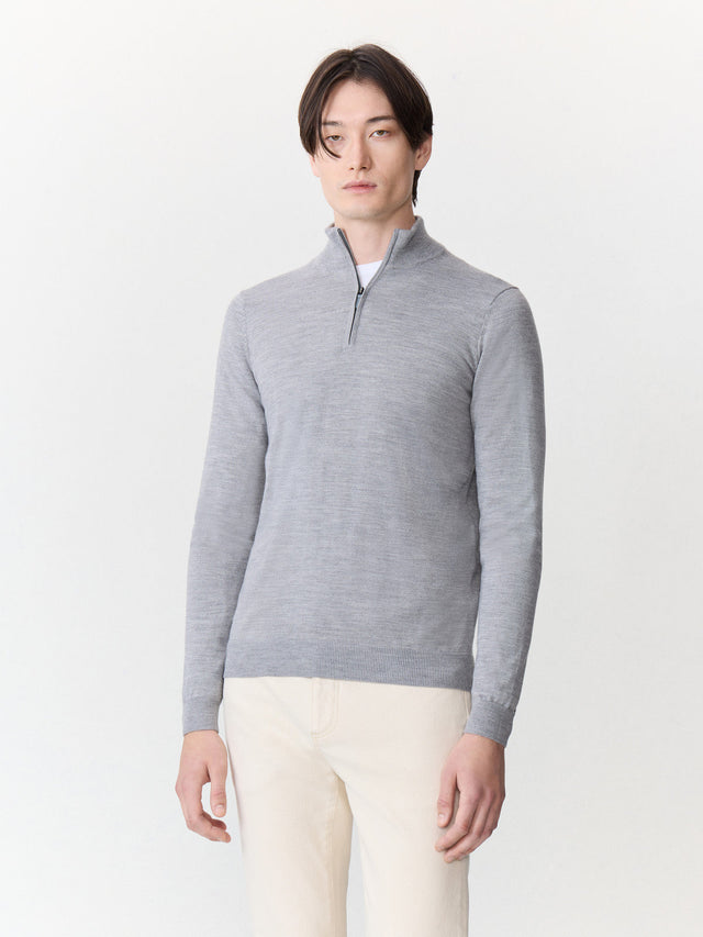 Pull col zippé en laine Mérinos mélangée grise