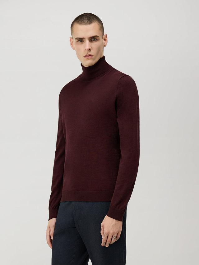 Pull col roulé en laine Mérinos mélangée bordeaux
