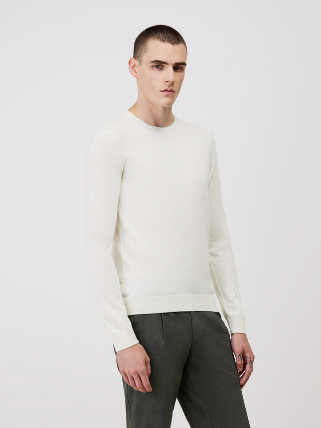 Pull col rond en laine Mérinos mélangée écrue