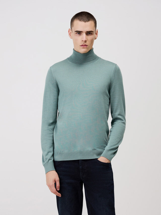 Pull col roulé en laine Mérinos mélangée verte