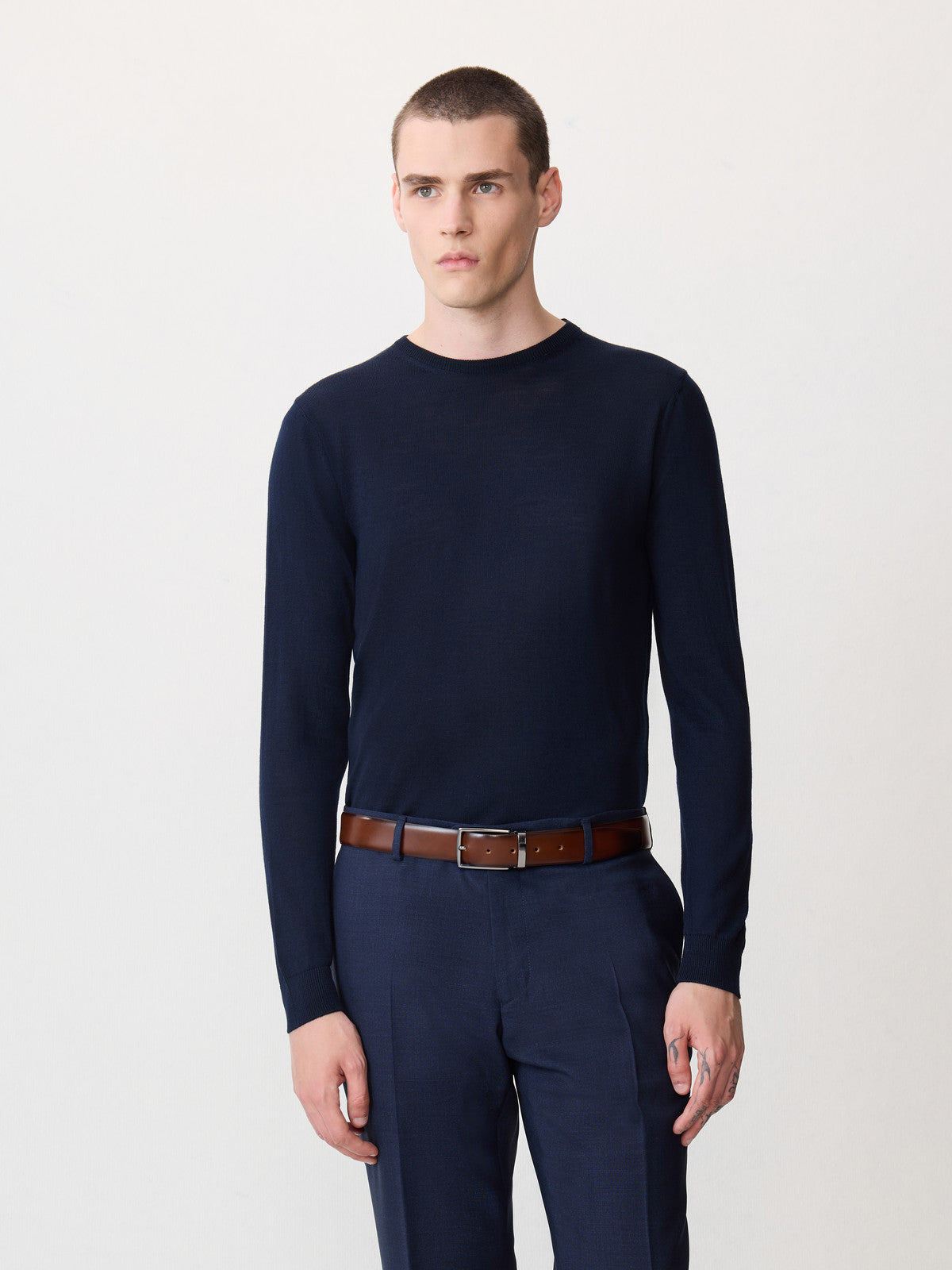 Pull Col Rond En Laine M Rinos M Lang E Bleu Marine