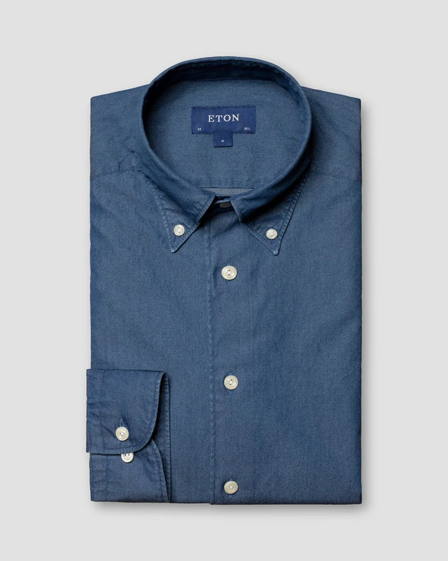 Mittelblaues Denimhemd mit Button-Down-Kragen - Eton