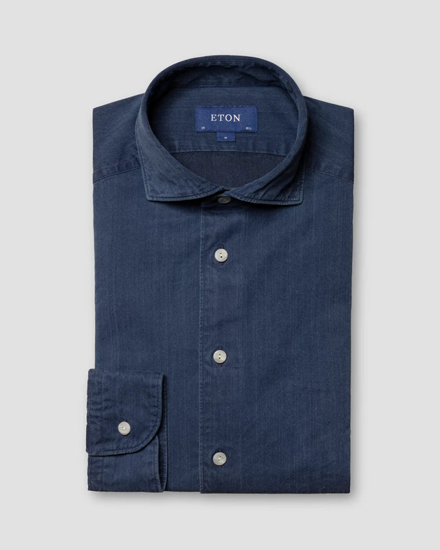 Navy Blue Recycled Cotton Denim Shirt - Eton
