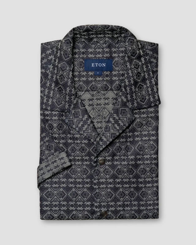 Blue Geometric Jacquard Denim Resort Shirt - Eton