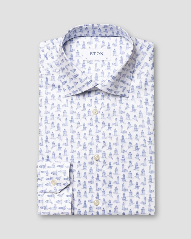 Blaues Signature-Twill-Hemd mit Leuchtturm-Print - Eton