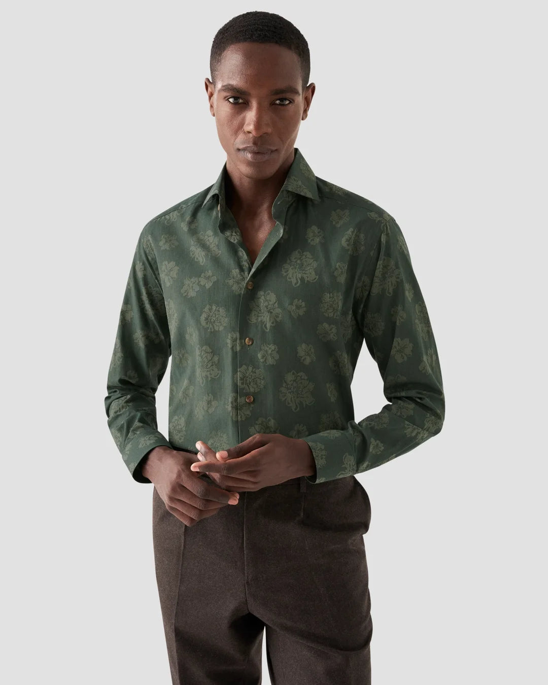 Dark Green Floral Wrinke Free Flannel Shirt Eton