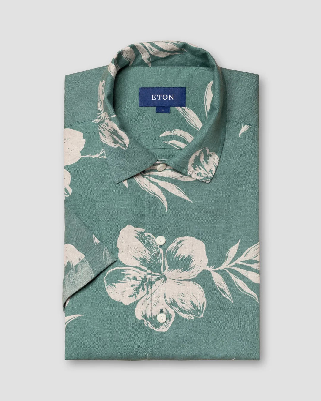 Green Hibiscus Print Linen Resort Shirt Short Sleeve Eton