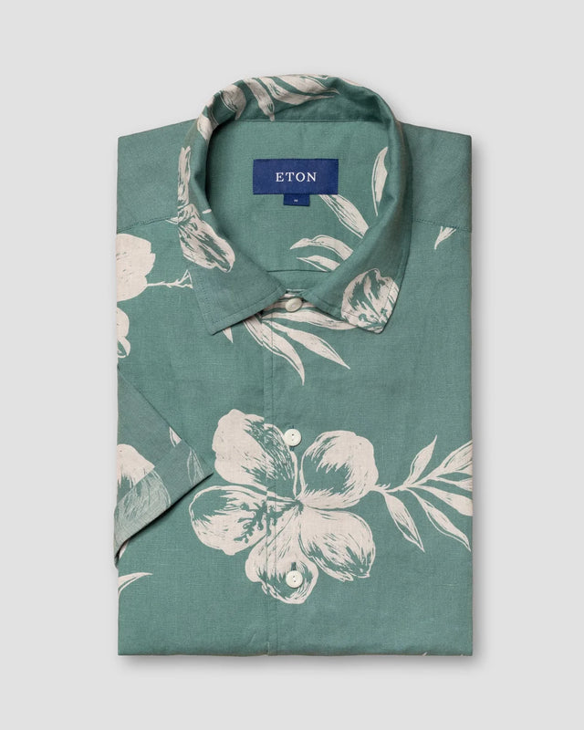 Green Hibiscus Print Linen Resort Shirt – Short Sleeve - Eton