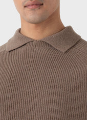 Men's Ribbed Polo Neck Jumper in Sandstone