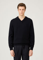 Men's Lambswool V-neck Jumper in Dark Navy Mouline