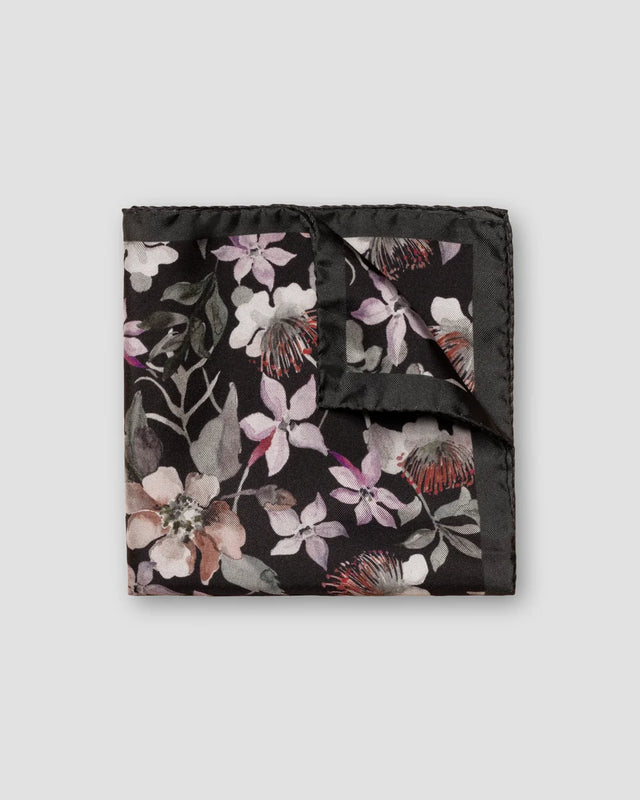 Black Hand-Painted Floral Silk Pocket Square