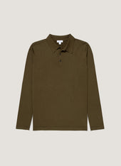 Men's Long Sleeve Sea Island Cotton Knit Polo Shirt in Deep Olive