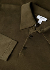 Men's Long Sleeve Sea Island Cotton Knit Polo Shirt in Deep Olive