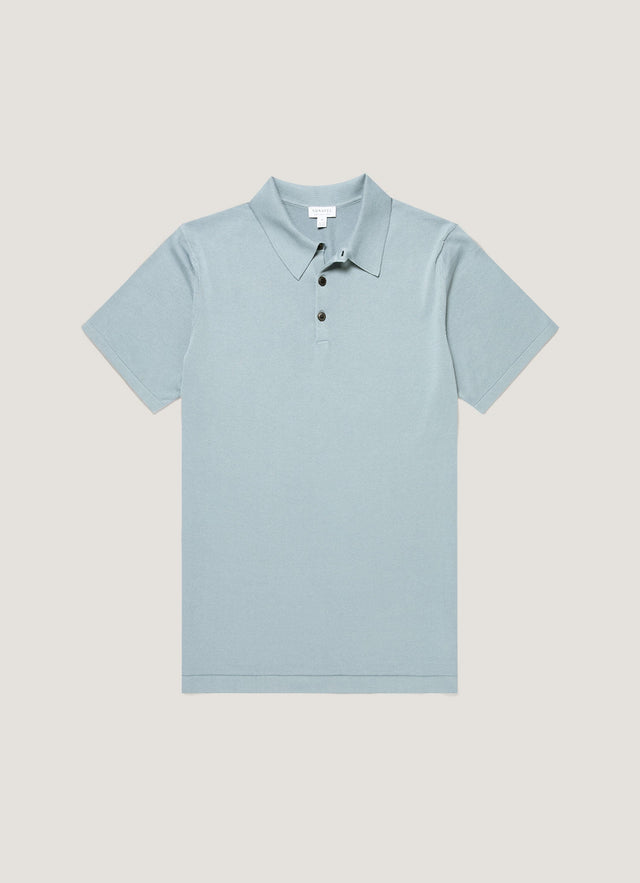 Men's Sea Island Cotton Knit Polo Shirt in Stone Blue