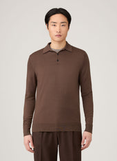 Men's Extra-Fine Merino Knitted Polo Shirt in Bark