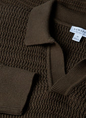 Men's Long Sleeve Textured Cotton Polo Shirt in Khaki
