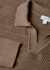 Men's Long Sleeve Textured Cotton Polo Shirt in Dark Stone