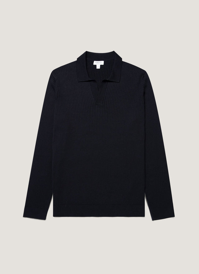 Men's Long Sleeve Fine Rib Silk Cotton Polo in Navy