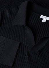 Men's Long Sleeve Fine Rib Silk Cotton Polo in Navy