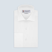 Tailored Fit White Pleated Front Shirt with Kent Collar and Double Cuffs