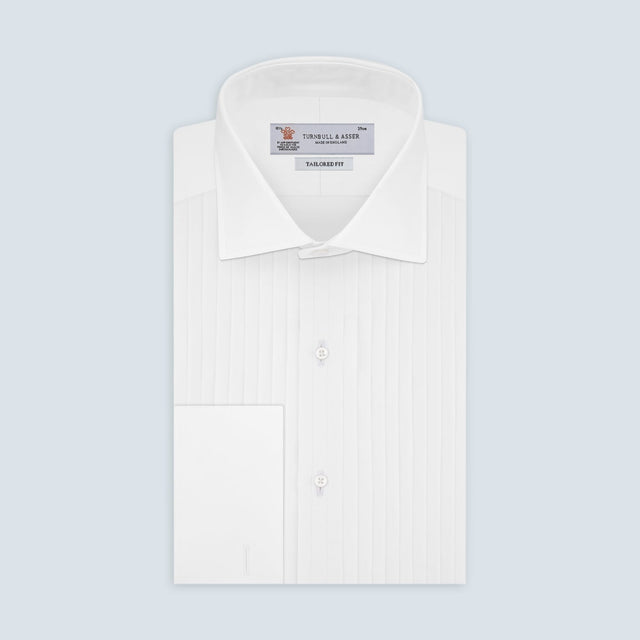 Tailored Fit White Pleated Front Shirt with Kent Collar and Double Cuffs
