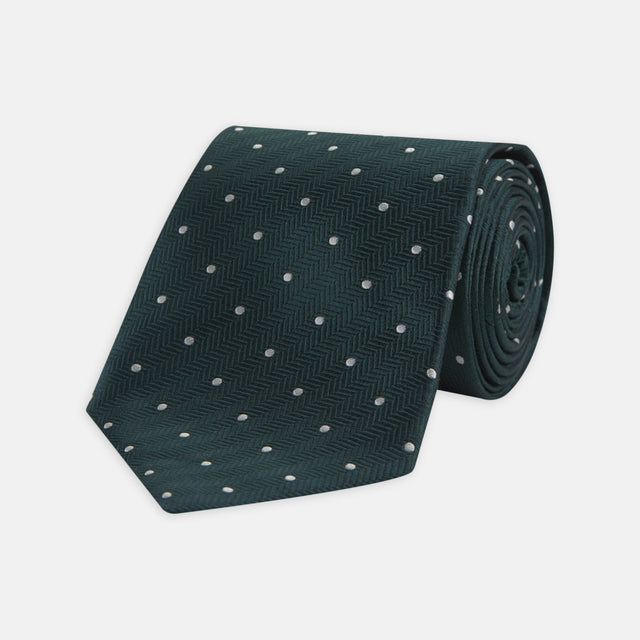 Forest Green and White Small Spot Herringbone Silk Tie