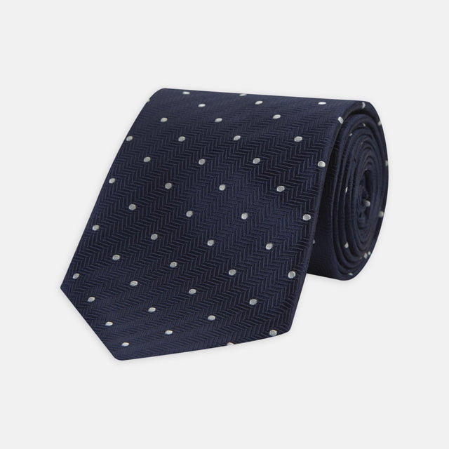 Navy and White Small Spot Herringbone Silk Tie