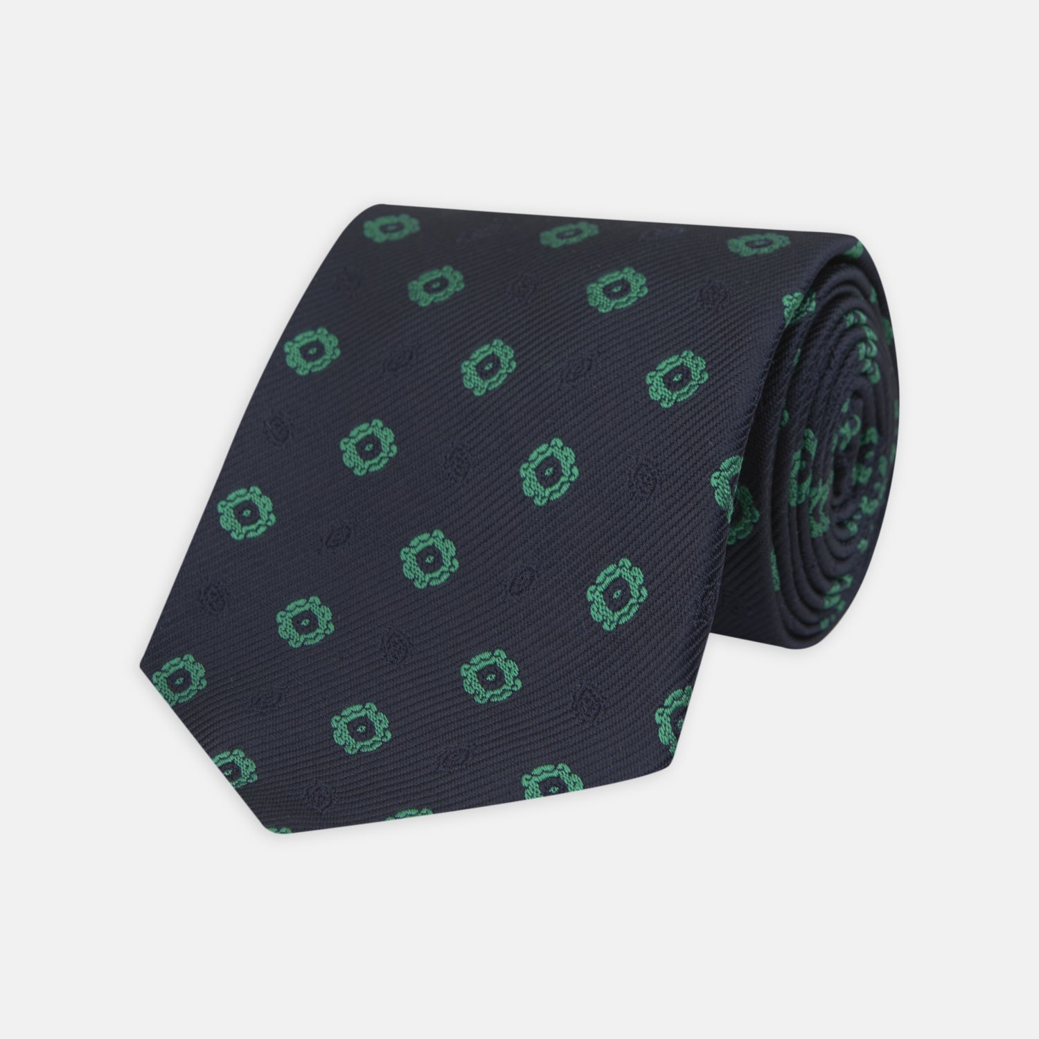 Navy and Green Emblem Spot Silk Tie