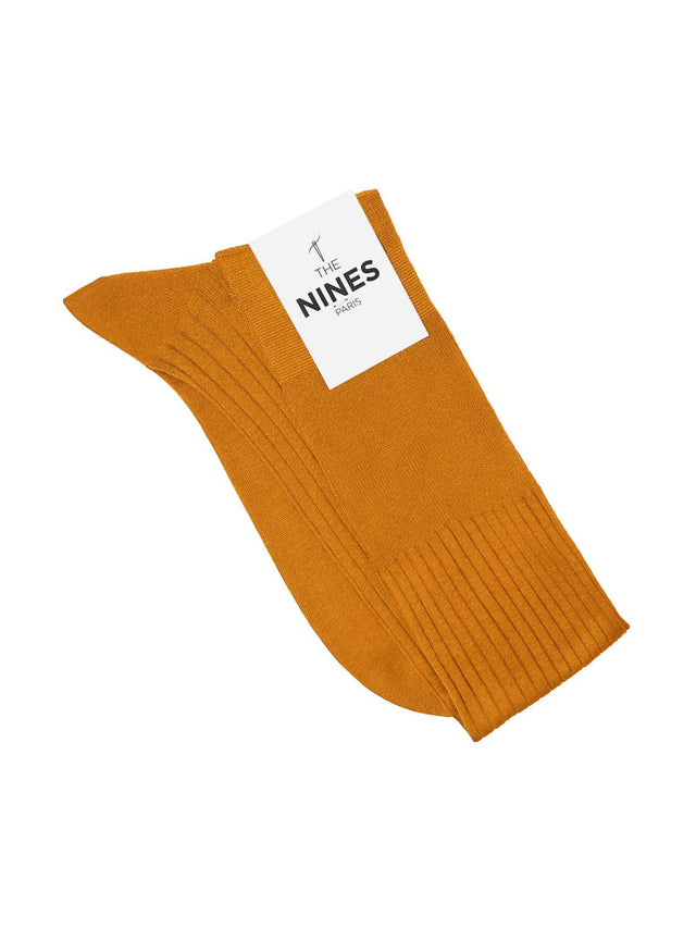 Mustard yellow cotton lisle knee socks fine ribbed