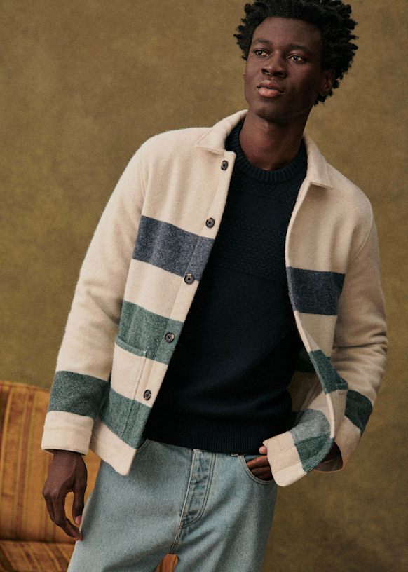 Amey Jacket - Ecru Blue Green Stripes