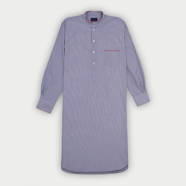 Navy Bengal Stripe Cotton Nightshirt with Red Piping