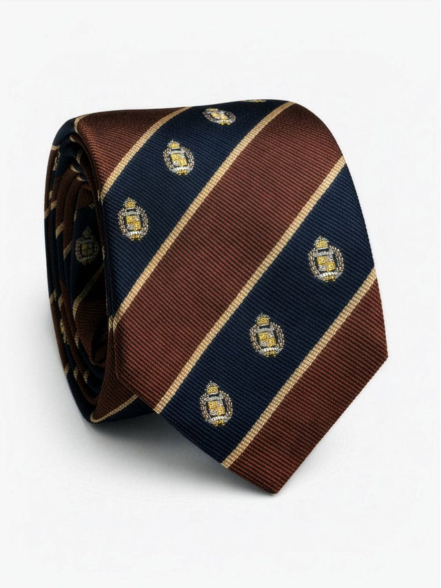 Navy Blue and Brown Silk Club Tie with Motifs