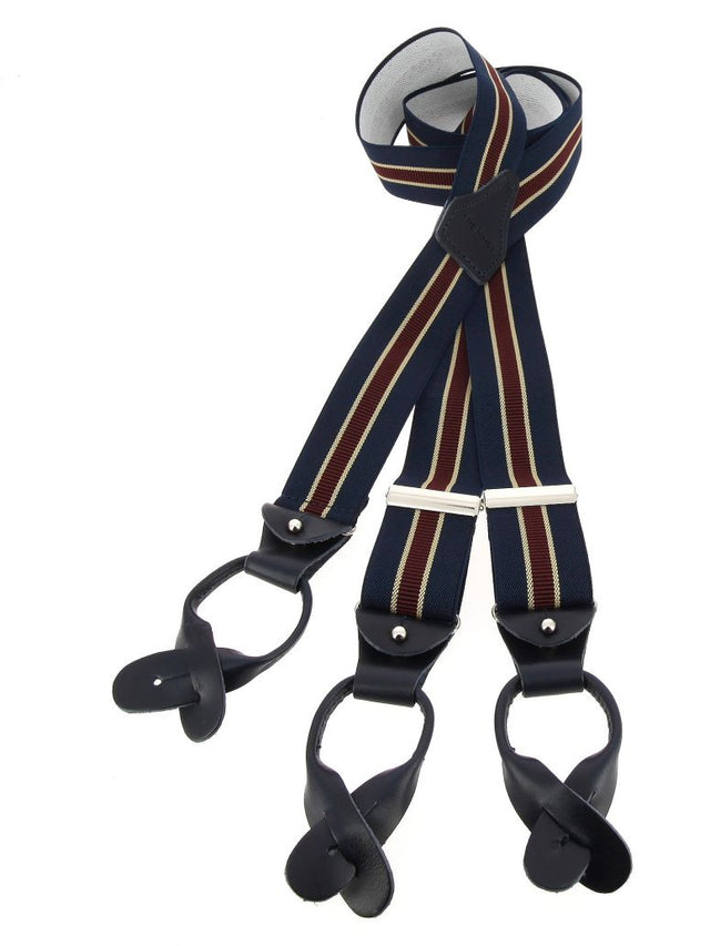 Navy blue and burgundy striped men's suspenders with buttons