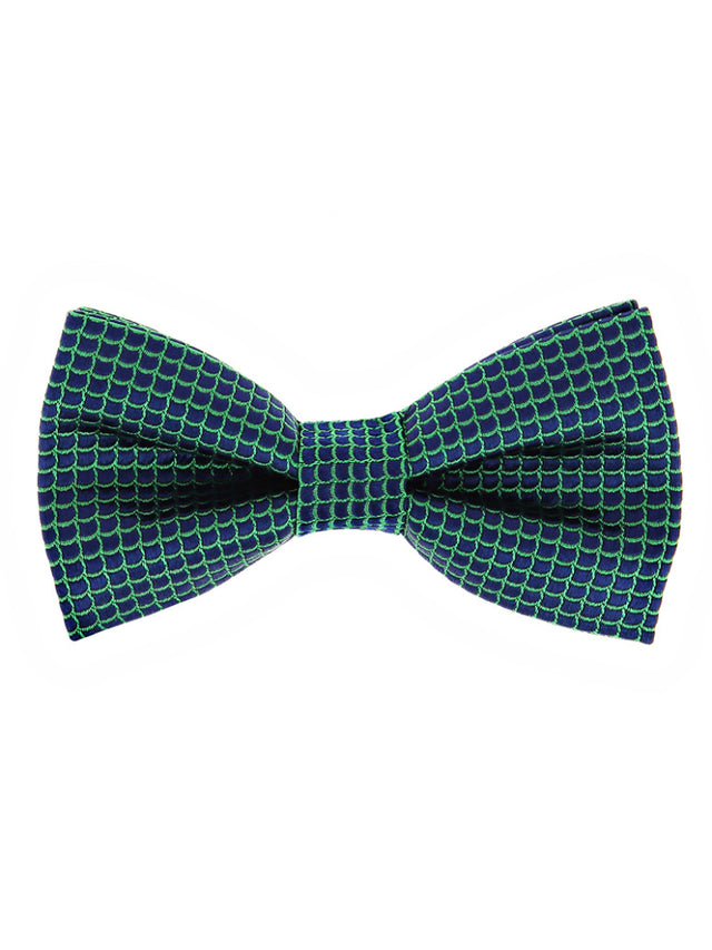 Navy Blue Bow Tie with Green Japanese Seigaiha pattern in Silk