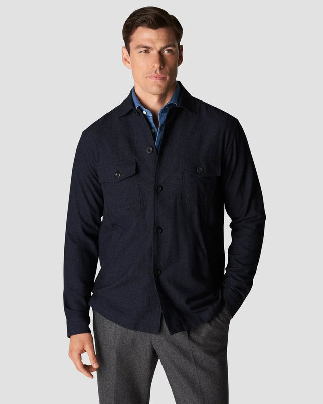 Navy Houndstooth Cotton-Wool-Cashmere Flannel Overshirt - Eton