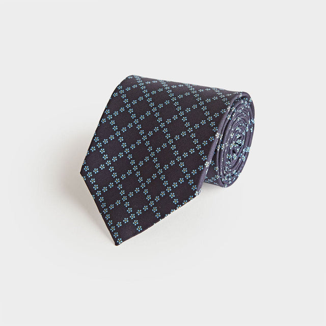 Navy & Blue Dainty Floral Check Printed Silk Tie