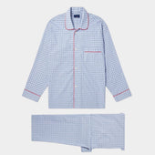 Navy & Blue Graph Overcheck Cotton Pyjamas With Red Piping