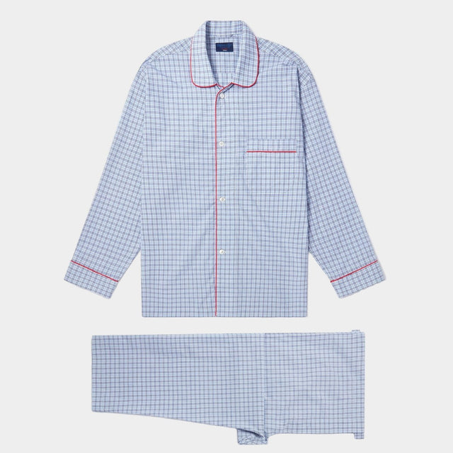 Navy & Blue Graph Overcheck Cotton Pyjamas With Red Piping