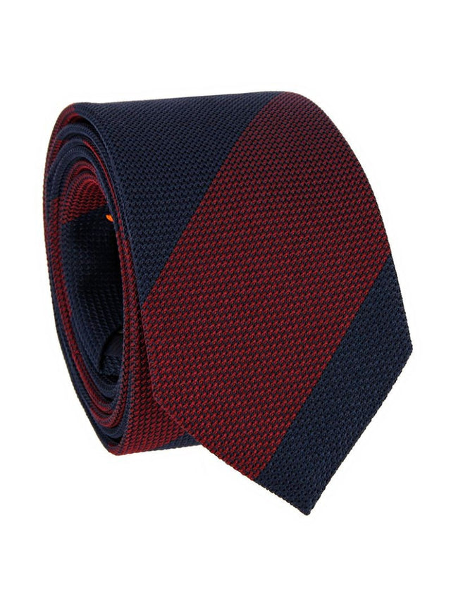 Navy blue grenadine silk tie with burgundy stripes