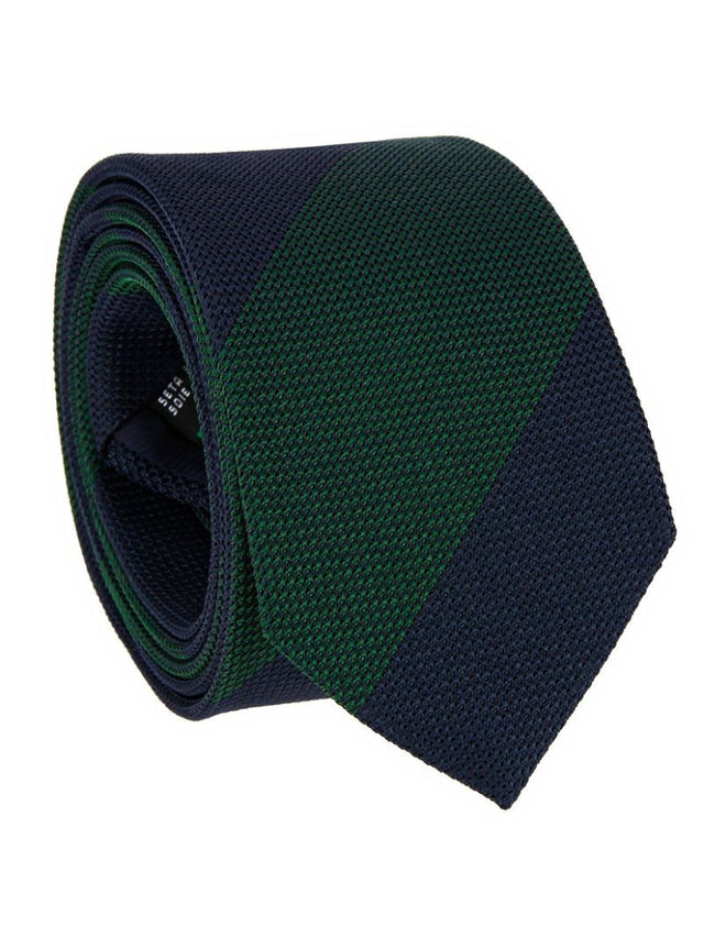 Navy blue grenadine silk tie with green stripes