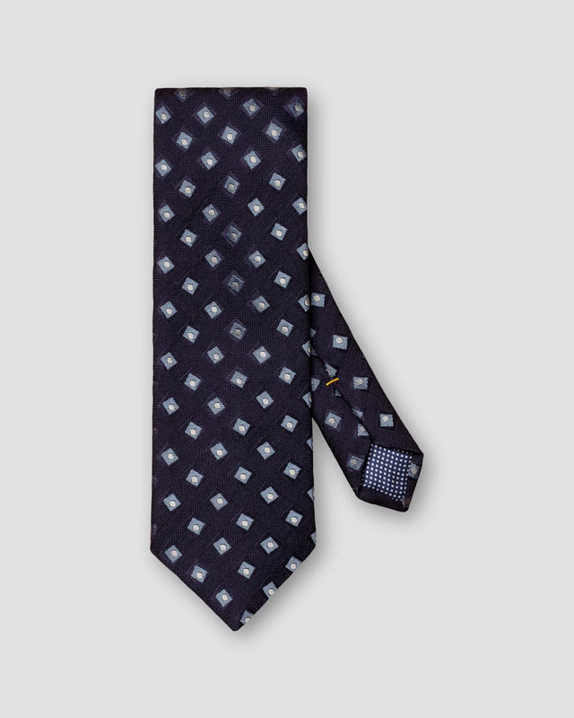 Navy Blue Geometric Herringbone Cotton Wool Blend Tie