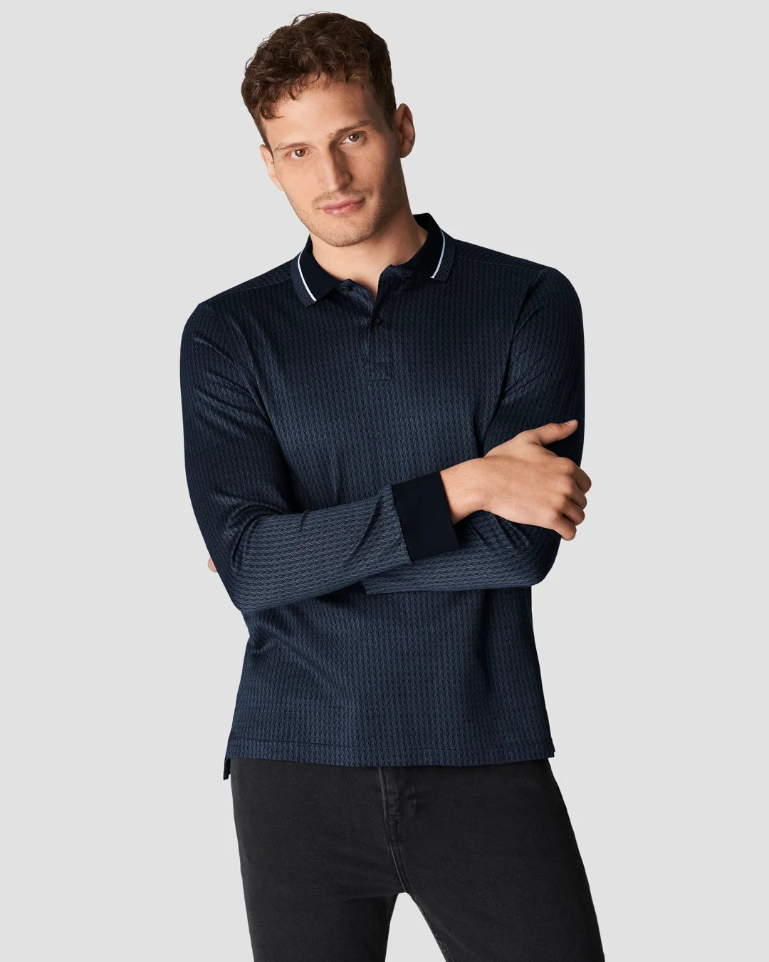 Filo Di Scozia Jacquard Polo Shirt Long Sleeve Eton