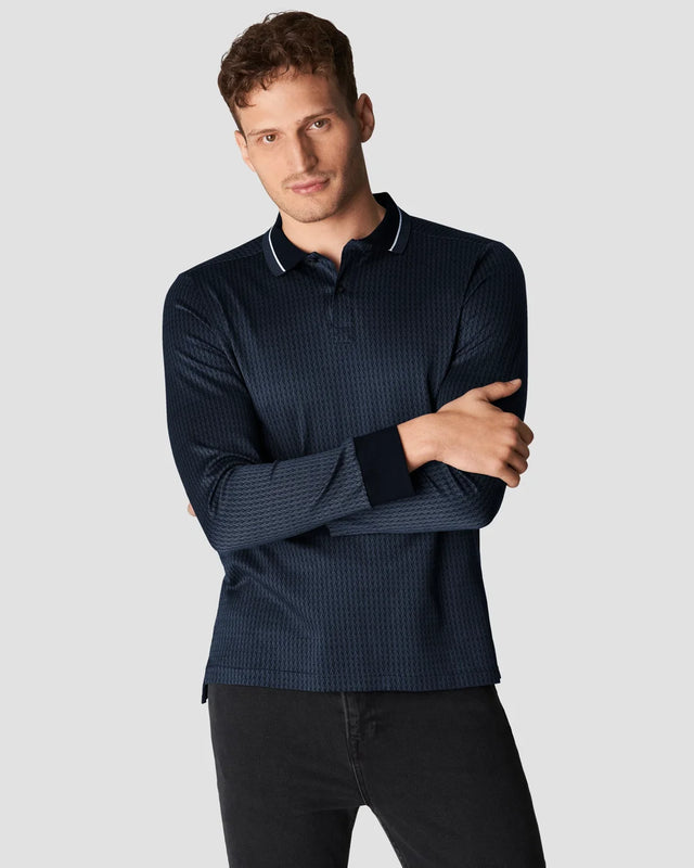 Navy Filo di Scozia Jacquard Polo Shirt - Long Sleeve - Eton
