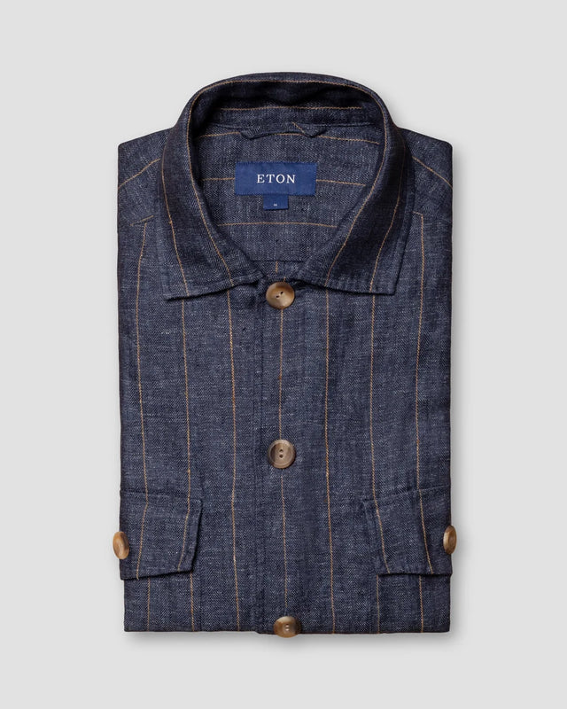 Navy Blue Striped Linen Twill Overshirt - Eton