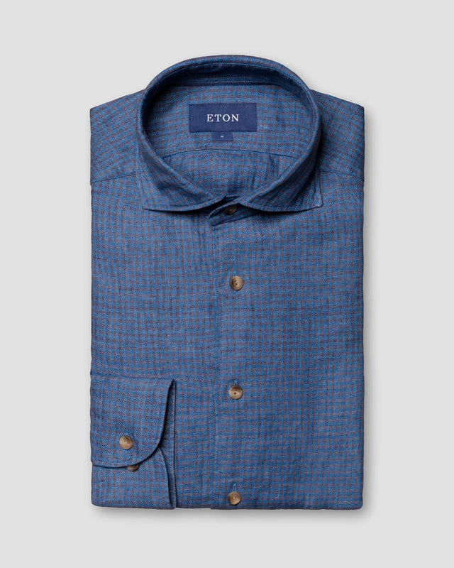 Navy Blue Checked Linen Twill Shirt - Eton