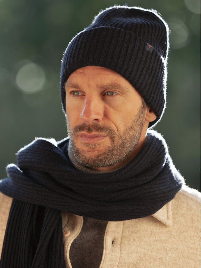 Navy blue ribbed wool and cashmere scarf - Woca