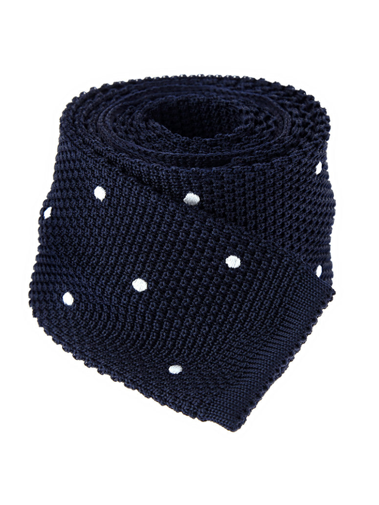 Blue Silk Knit Tie With White Polka Dots