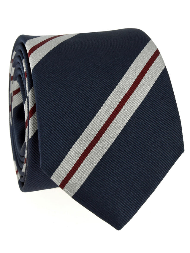 Navy silk tie with double gray and burgundy stripes