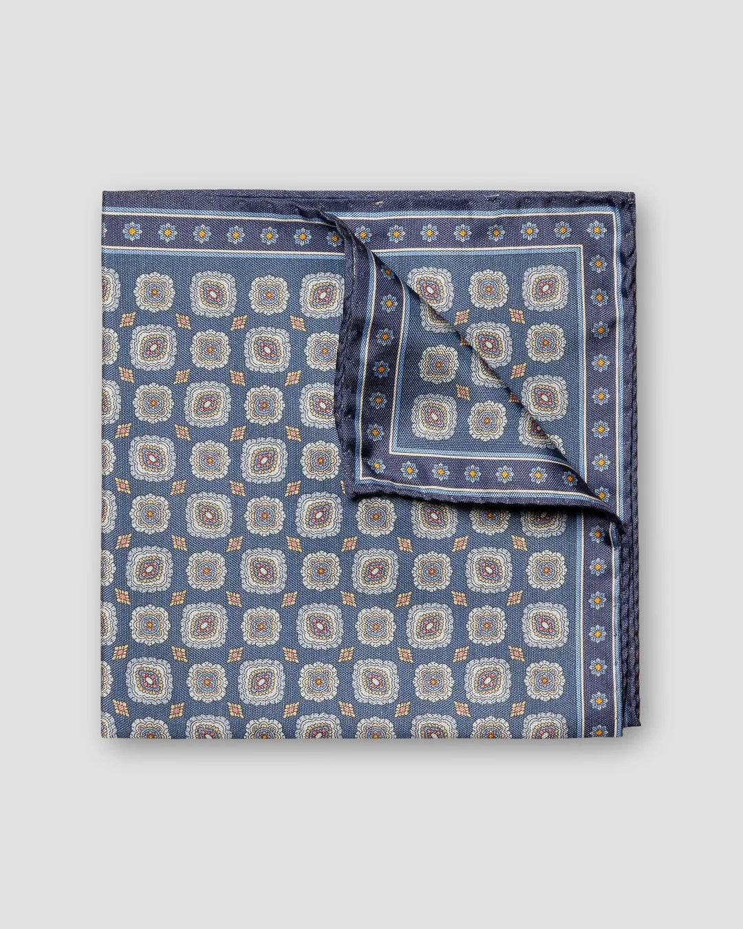Navy Medallion Print Tussah Silk Pocket Square